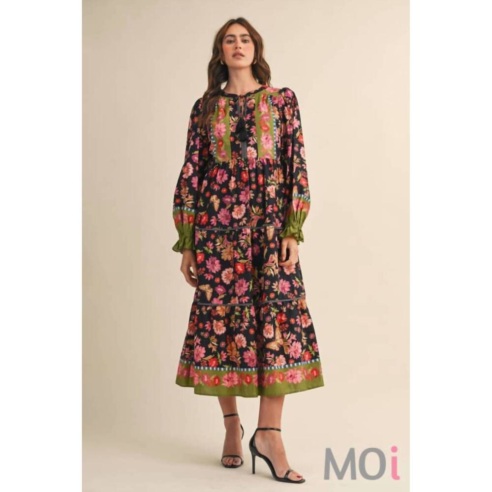 NEW &MERCI floral border print midi dress in black multi
